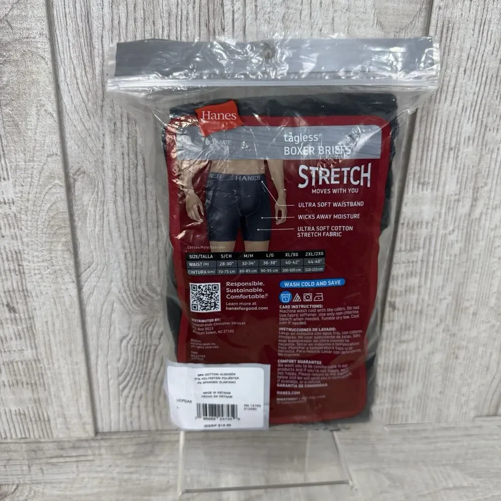Hanes Men's Large 3-Pack Black Cotton Blend Stretch Boxer Briefs Wicking 36-38”